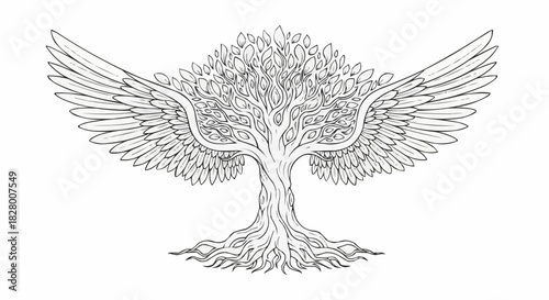 Hand drawn fantasy tree with large feathered wings spreading out.