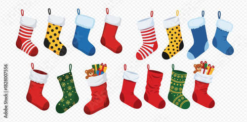 A collection of colorful Christmas stockings with various patterns, some filled with gifts, ready for holiday celebrations.