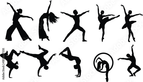 Silhouette of dancers set of dancers in different poses ballet, hiphop, modern dance vector illustration of dancing people