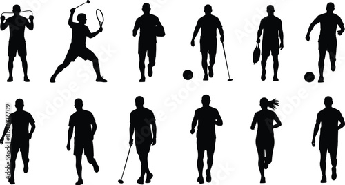 Silhouette of various sport players including tennis, soccer, golf, running, and baseball diverse athletic figures in action