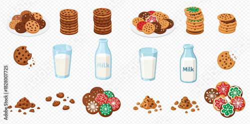 A comprehensive collection of various cookies and milk products, including stacks, plates, crumbs, and drinks, presented as vector illustrations.