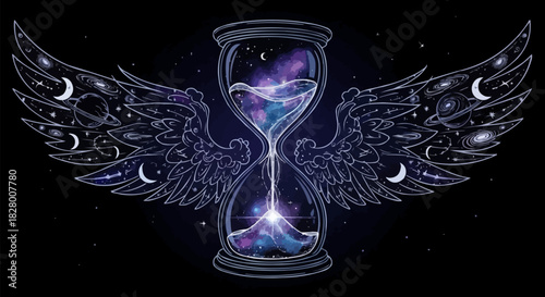 Mystical winged hourglass containing a cosmic galaxy.