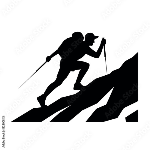 Silhouette of a hiker with trekking poles ascending a rocky mountain slope