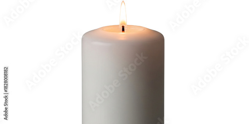 Close up of a single white pillar candle with a lit flame against a black background
