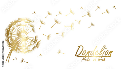 A delicate dandelion vector art on a white background, featuring fine lines and soft details. The floating seeds evoke a sense of freedom, renewal, and nature's fleeting beauty in a minimalist design.