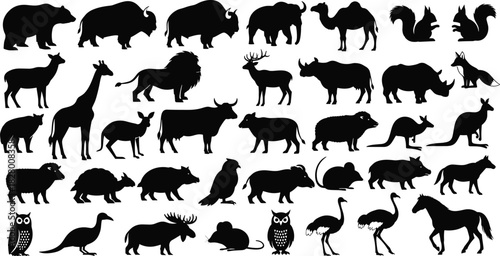 Silhouette collection of wild animals, featuring a diverse range of species from around the world, in a simple and elegant design