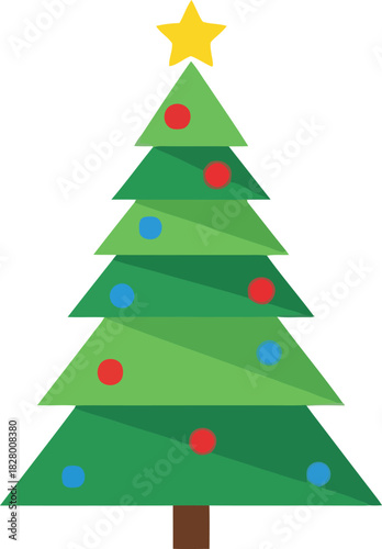 Stylized geometric christmas tree with star and colorful orbs