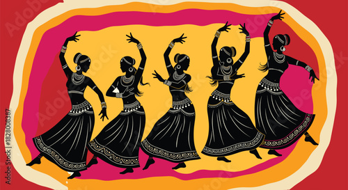 A group of five indian women are performing traditional dance in silhouette against a beige background, showcasing their cultural heritage and artistic expression