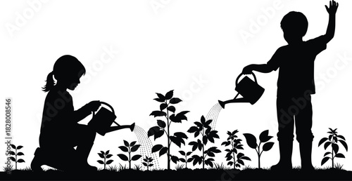 Black silhouette of children gardening, little boy and girl watering small plants with watering cans, isolated vector illustration of childhood, growing, nature, and environmental care.