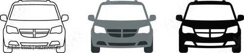 Minivan or Passenger Van Front View Icon Set - Outline, Color, and Silhouette Vector