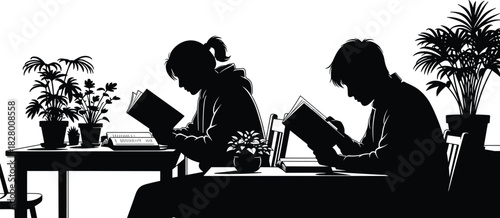 Black silhouette of two focused students reading books together at a table, surrounded by indoor plants, vector illustration of study, concentration, education, teamwork, and shared learning.