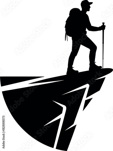 Silhouette of a hiker standing on a cliff edge with a backpack and trekking pole