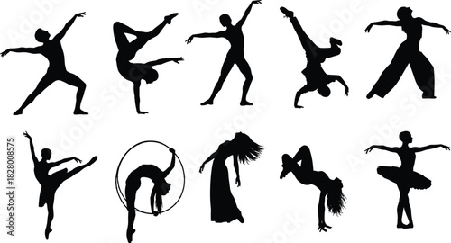 Collection of silhouette images showcasing various dance poses, capturing the grace and dynamism of movement in a minimalist style