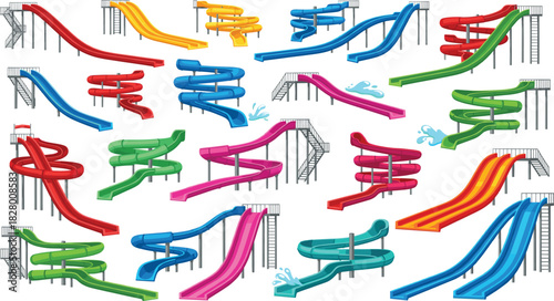 Large Vector Set of Colorful Water Slides and Aqua Park Attractions, Featuring Twisting Tubes, Steep Drops, and Splash Effects, Ideal for Summer Fun and Amusement Park Graphics