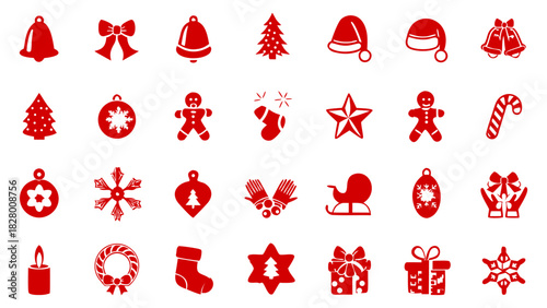 Christmas icon set, red festival, holidays vector symbol collection