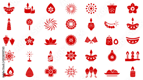 Diwali-themed icon set, red festival, holidays vector symbol collection