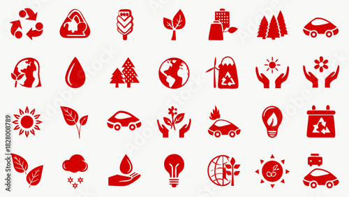 Eco-themed icon set, red festival, holidays vector symbol collection