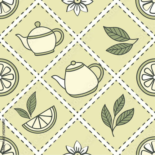 Seamless cute tea time pattern. Ideal for kids' fabrics, wrapping paper, wallpapers, scrapbooking, and romantic vintage design.