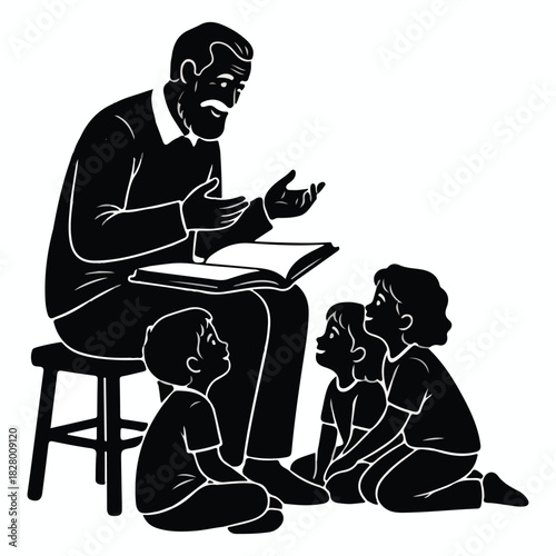 Elderly man with beard sitting on a stool, actively reading a captivating story from an open book to three young children listening intently