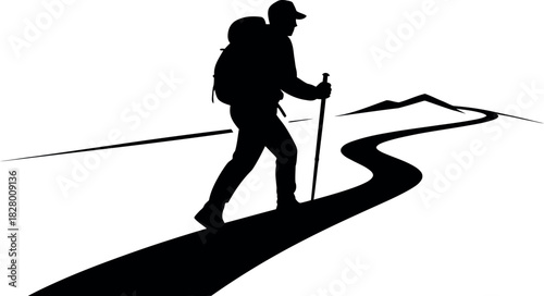 Silhouette of a hiker with trekking poles on a winding path
