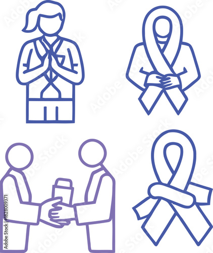 Blue and purple line icons: prayer, awareness, giving, support. featuring people and ribbons for health, community, and charity. Vector