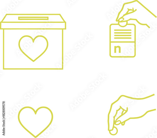 Abstract yellow line art icons depicting election and charitable giving concepts including ballot box, voting card, and coin drop Vector