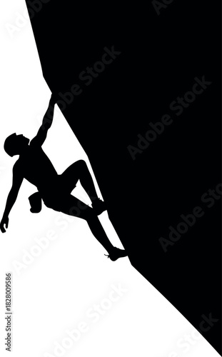 Silhouette of a rock climber scaling a steep cliff face
