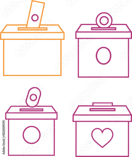 Outline icons representing ballot boxes for election, donation boxes for charity, and suggestion boxes for feedback. a diverse collection of public participation concepts. Vector