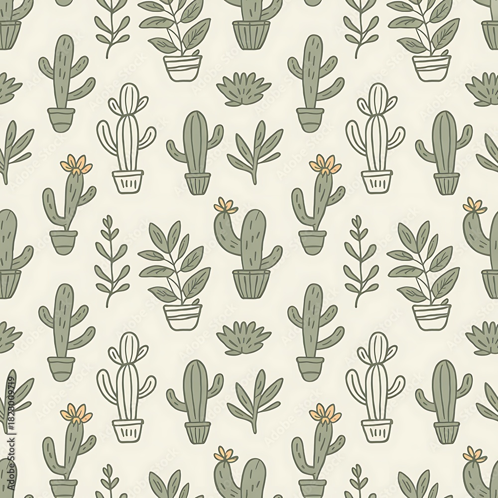 Fototapeta premium Charming hand drawn desert cactus and succulent plants seamless pattern on a light background