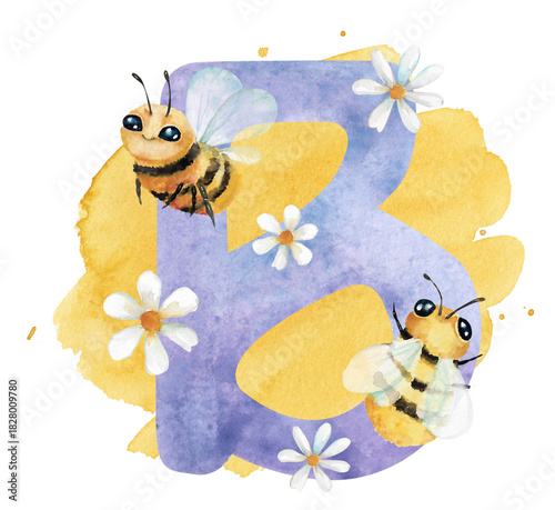 Purple letter B with lovely cartoon bees and daisies, hand-drawn watercolor illustration isolated on white with yellow splashes. Pastel colored clipart for kids games, learning, kids alphabet design