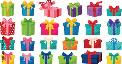 Large Vector Set of Colorful Gift Boxes Wrapped with Bows and Ribbons, Ideal for Representing Birthdays, Holidays, Celebrations, Surprises, Presents, and Online Shopping Graphics