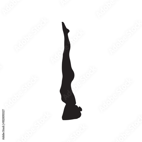 Silhouette of a person in an inverted yoga or gymnastic pose, performing a handstand or headstand with legs stretched upwards on white.