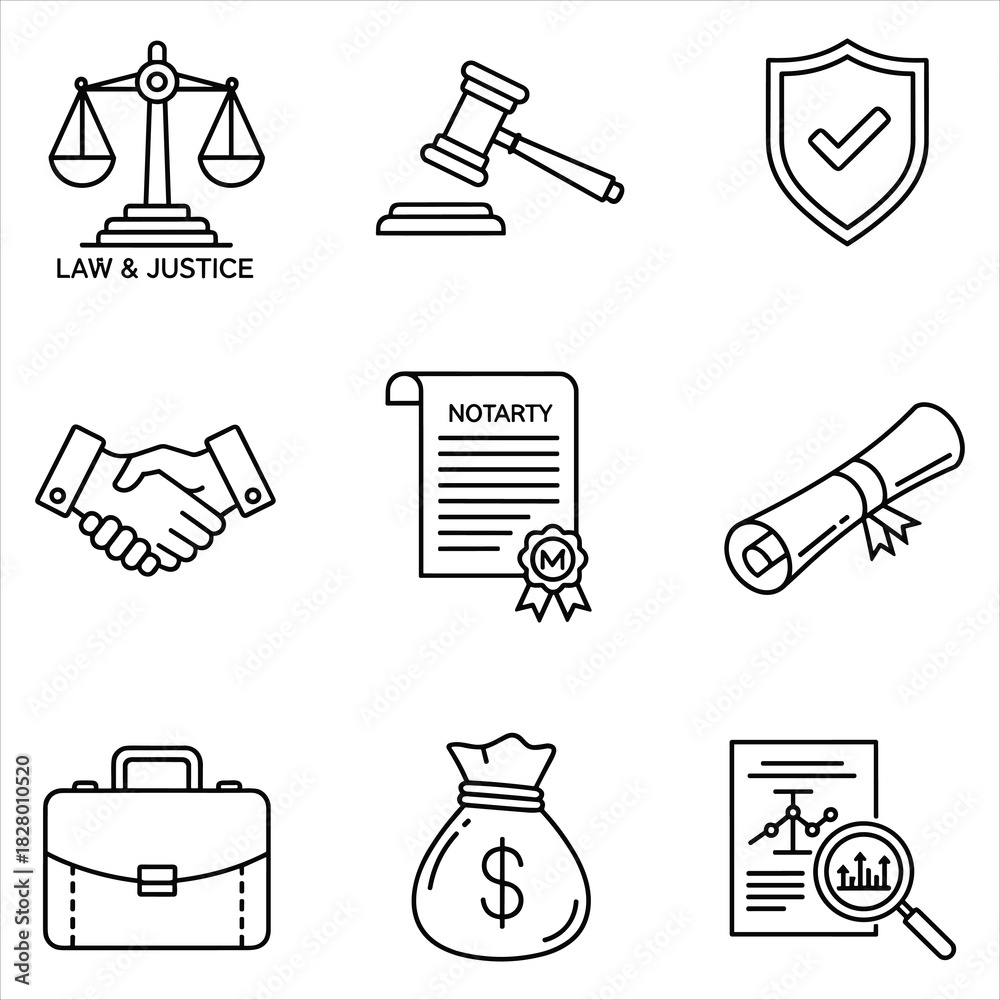 Obraz premium Business and legal documents, justice, finance, security icon set isolated on white background, Vector