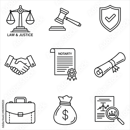 Business and legal documents, justice, finance, security icon set isolated on white background, Vector