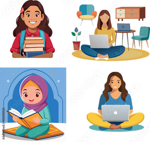 Vsai diverse women and girls learning with books and laptops