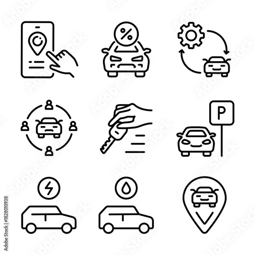 Car Sharing icons set includes driver, dealing, checking, license, app, sell route. Related car rent, repair, transport, and travel. Outline symbols vector collection