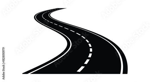 Curved road illustration with dashed lines in black and white silhouette