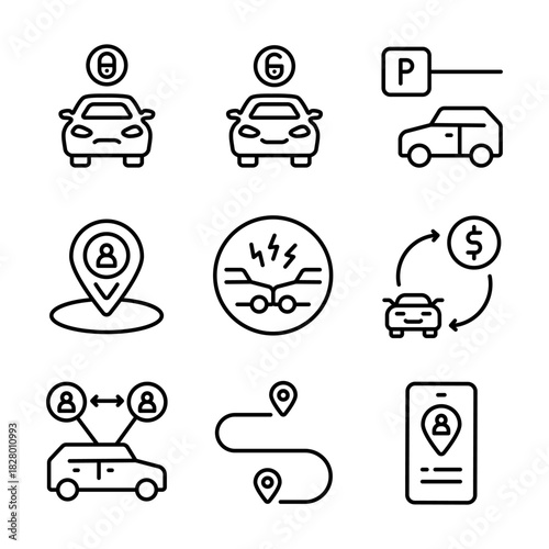 Car Sharing icons set includes driver, dealing, checking, license, app, sell route. Related car rent, repair, transport, and travel. Outline symbols vector collection