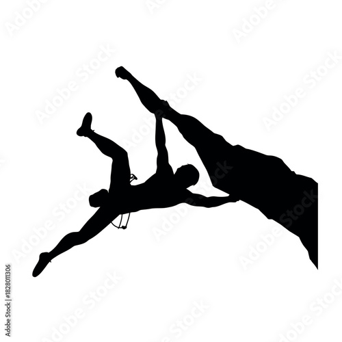 Silhouette of a rock climber scaling a steep cliff face