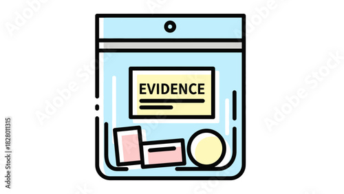 Evidence bag illustration containing various items for forensic analysis, representing crime scene investigation in a laboratory, crime investigation element
