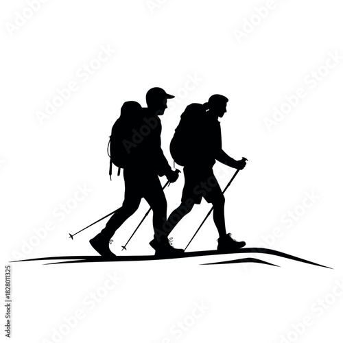 Two hikers with backpacks and trekking poles walking together