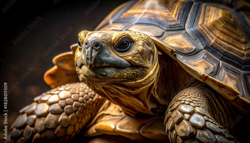 Fototapeta premium Close-up of a golden-hued tortoise with detailed shell textures and a thoughtful, serene expression