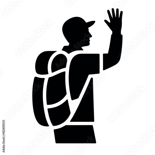 Silhouette of a hiker with a backpack waving goodbye