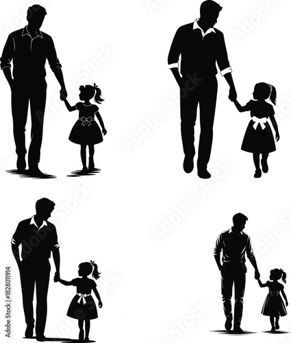 Father and daughter walking together silhouette set in various poses and angles