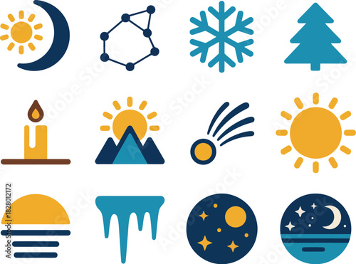 A versatile set of flat design icons illustrating natural phenomena, including weather, seasons, and celestial elements like the sun, moon, and stars