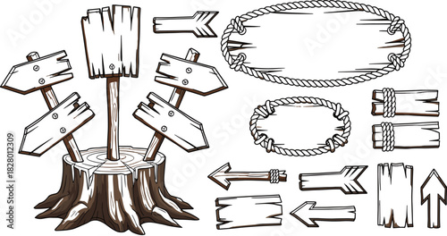 Rustic hand-drawn wooden signpost and pointer arrows set, old weathered wood plank boards with rope frame, isolated engraving sketch collection for vintage nautical or treasure map design.