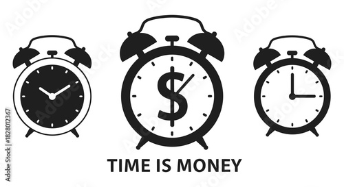 Time is money concept with alarm clocks in silhouette style silhouette