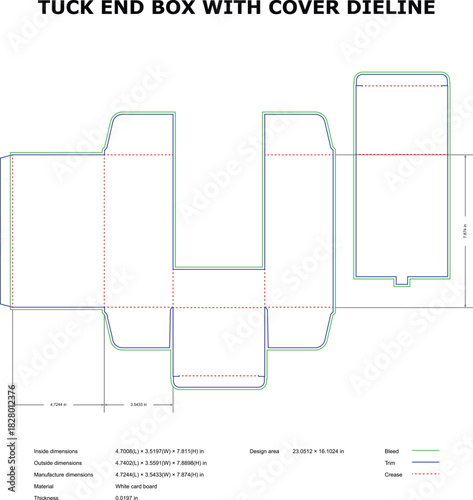 Tuck End Box with Cover Packaging Dieline Template with Bleed, Trim & Crease