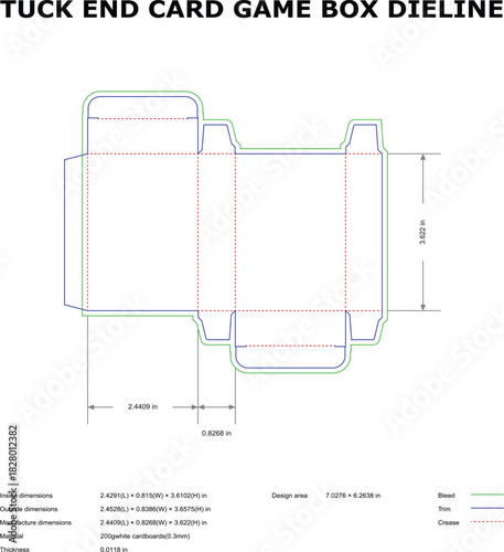 Tuck End Card Game Box Packaging Dieline Template with Bleed, Trim & Crease Lines