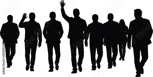 Silhouettes of business people walking forward, confident stride, waving gesture, black and white illustration, leadership, teamwork, professional motion scene